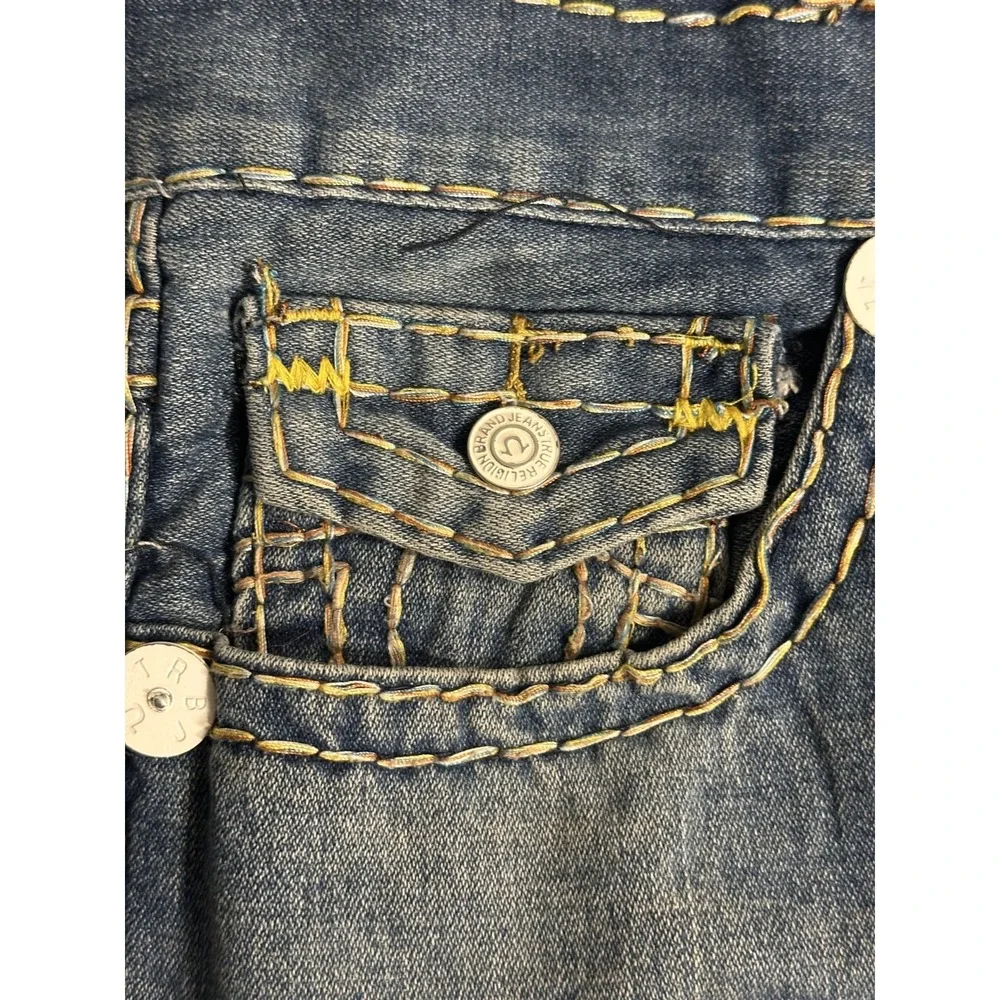 TRUE RELIGION Jeans Mens 36x33 Straight Leg Blue Denim Yellow Stitching